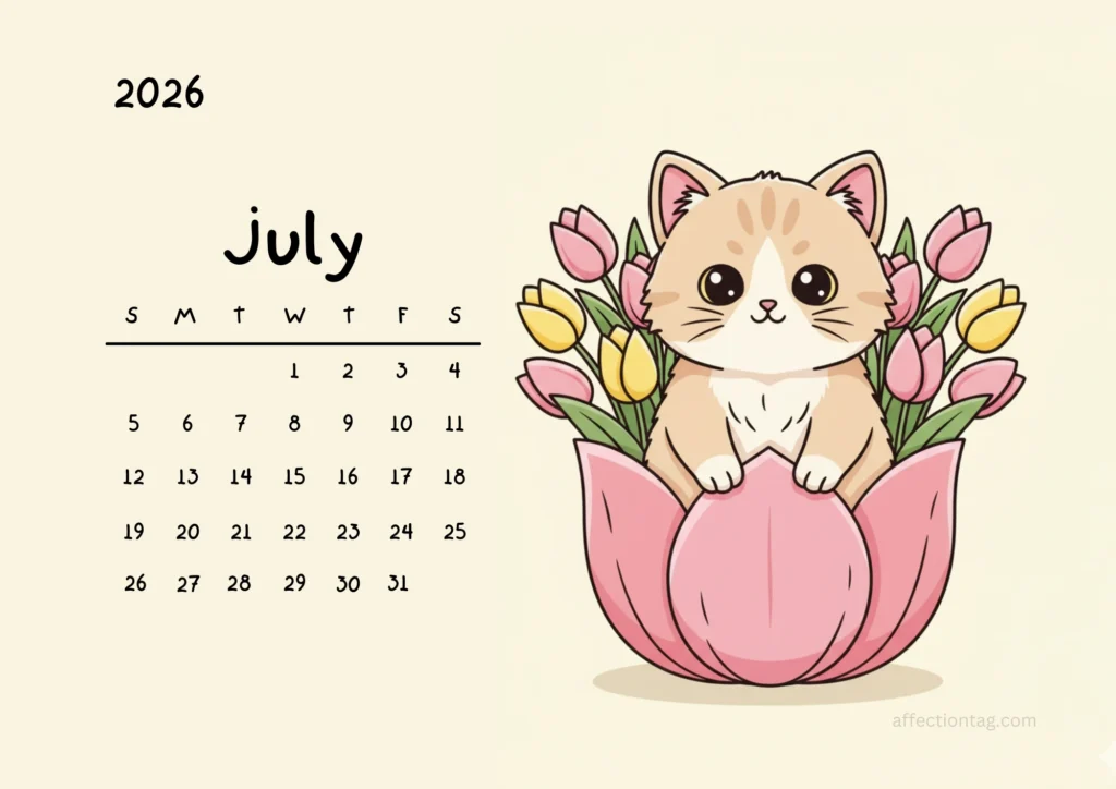 Free Printable 2026 Cat Calendar – Cute Kawaii Cats in Flower Pots 8 Light brown kitten peeking from a pink tulip-shaped pot surrounded by tulips, July 2026 calendar design.