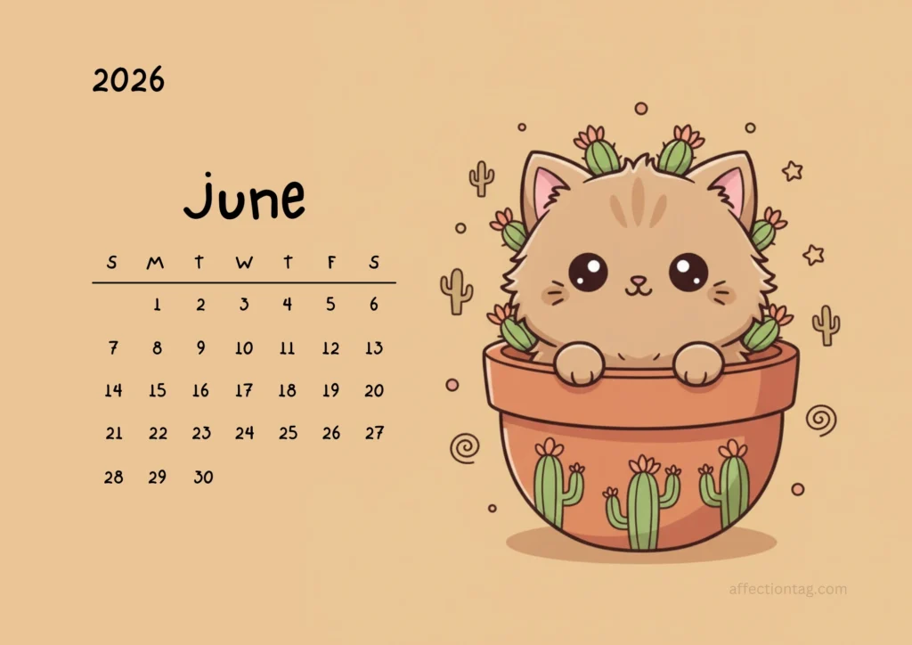 Free Printable 2026 Cat Calendar – Cute Kawaii Cats in Flower Pots 7 Brown fluffy kitten inside a terracotta cactus pot with small cactus plants around, June 2026 calendar artwork.
