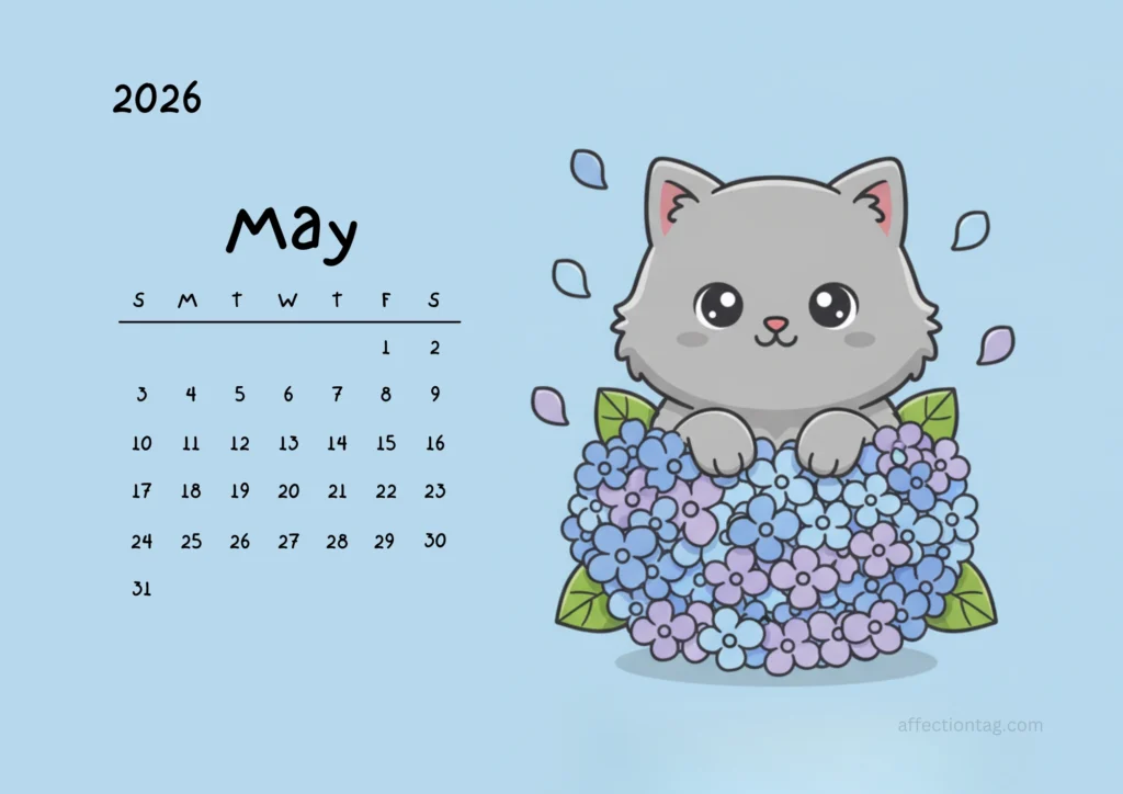 Free Printable 2026 Cat Calendar – Cute Kawaii Cats in Flower Pots 6 Gray kitten emerging from a cluster of pastel hydrangea flowers, May 2026 calendar layout.