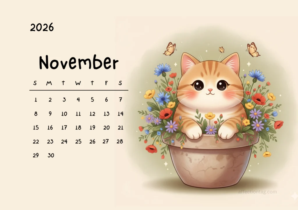 Free Printable 2026 Cat Calendar – Cute Kawaii Cats in Flower Pots 12 Cute orange kitten sitting inside a flower pot surrounded by colorful wildflowers, November 2026 calendar layout.
