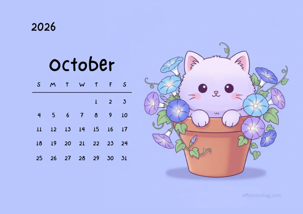 Free Printable 2026 Cat Calendar – Cute Kawaii Cats in Flower Pots 11 White fluffy kitten peeking from a terracotta pot decorated with morning glory flowers, October 2026 calendar design.