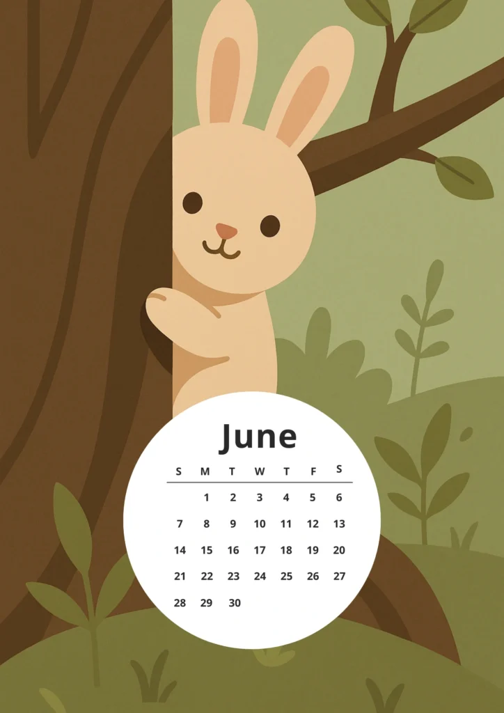 Free Printable 2026 Woodland Animals Calendar for Kids & Nature Lovers 7 rabbit june calendar