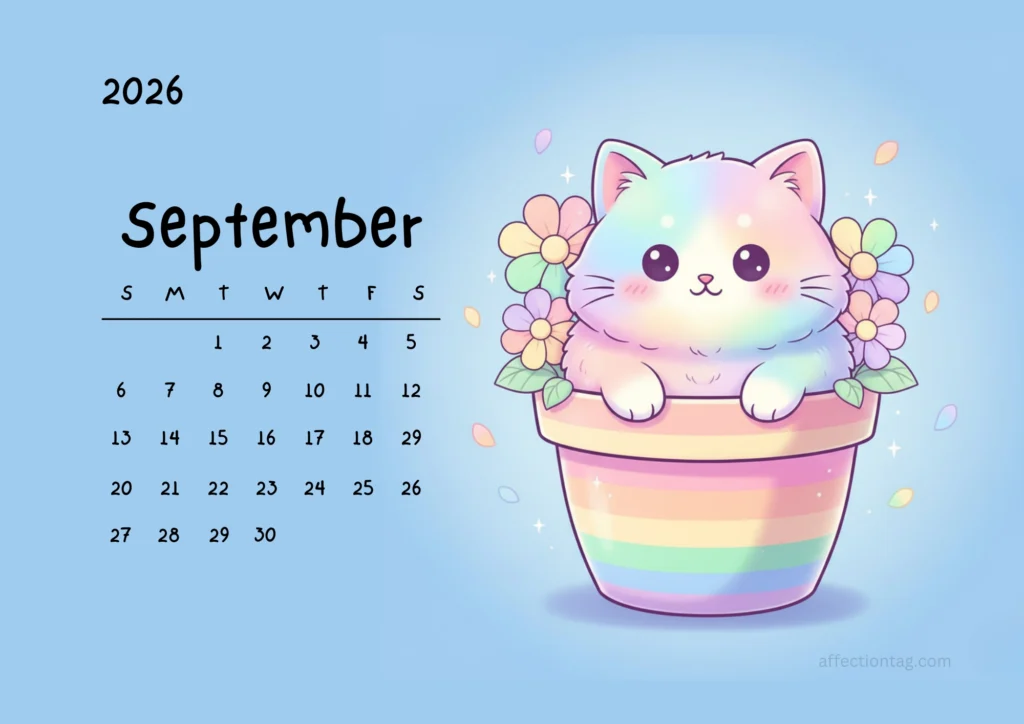 Free Printable 2026 Cat Calendar – Cute Kawaii Cats in Flower Pots 10 Pastel rainbow-colored kitten sitting in a matching rainbow flower pot with soft flowers, September 2026 calendar page.