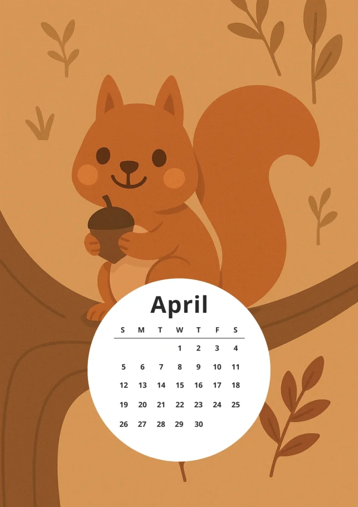 Free Printable 2026 Woodland Animals Calendar for Kids & Nature Lovers 5 squirrel april calendar