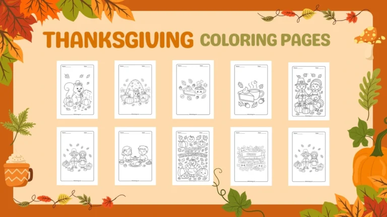 Thanksgiving coloring pages preview with cute fall-themed black-and-white illustrations displayed in a grid on an orange autumn background.