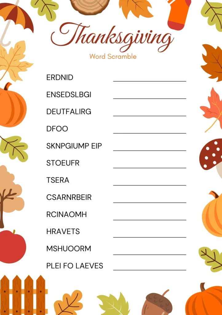 Autumn-themed Thanksgiving word scramble with pumpkins, leaves, and blank answer lines.