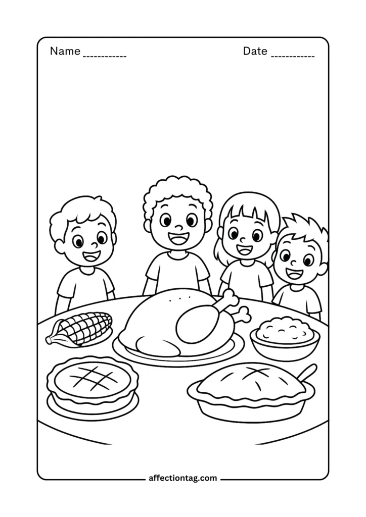 Children enjoying Thanksgiving feast at table – fun holiday coloring sheet