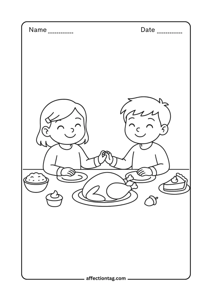 Kids praying before Thanksgiving dinner – family gratitude coloring page