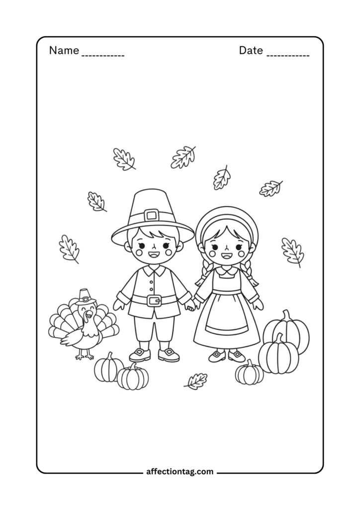 Pilgrim children with Thanksgiving turkey and pumpkins – printable coloring page
