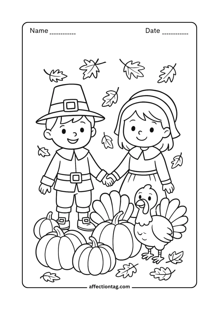 Pilgrim boy and girl holding Thanksgiving turkey – festive coloring sheet