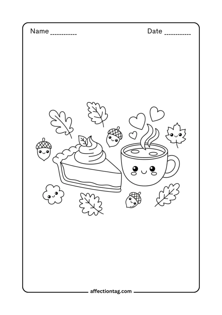 Cute pumpkin pie and hot chocolate kawaii style – fun Thanksgiving coloring page