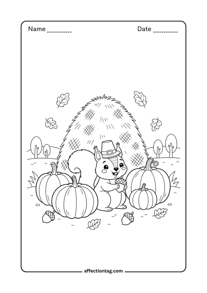 Smiling squirrel with pumpkins and haystack – Thanksgiving woodland coloring page