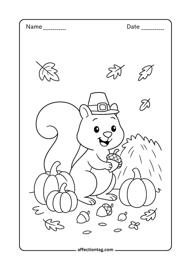 Happy squirrel collecting pumpkins – simple Thanksgiving coloring page for children
