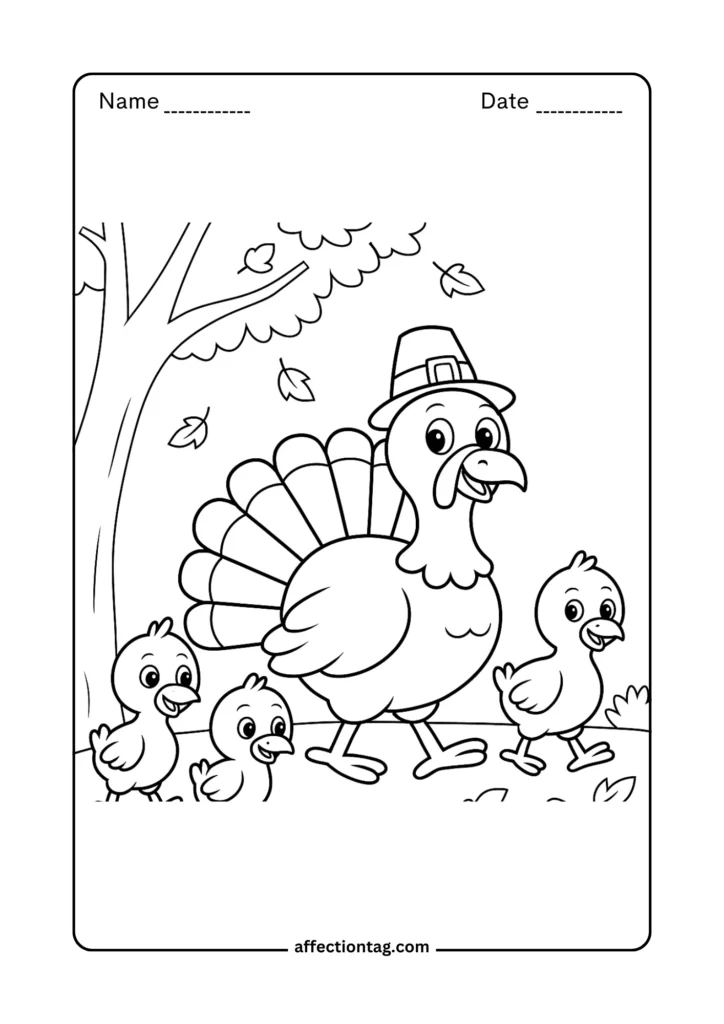 Thanksgiving turkey wearing pilgrim hat walking with chicks under falling autumn leaves – cute coloring page for kids