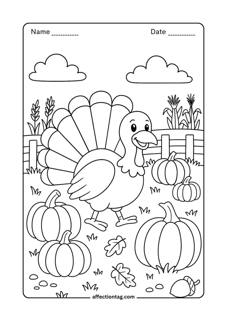 Smiling Thanksgiving turkey standing in a pumpkin field with corn and leaves – festive holiday coloring sheet