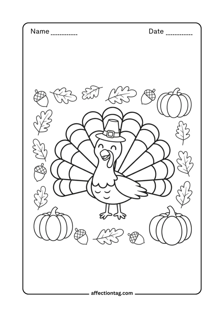 Happy Thanksgiving turkey surrounded by pumpkins, acorns, and autumn leaves – printable coloring page