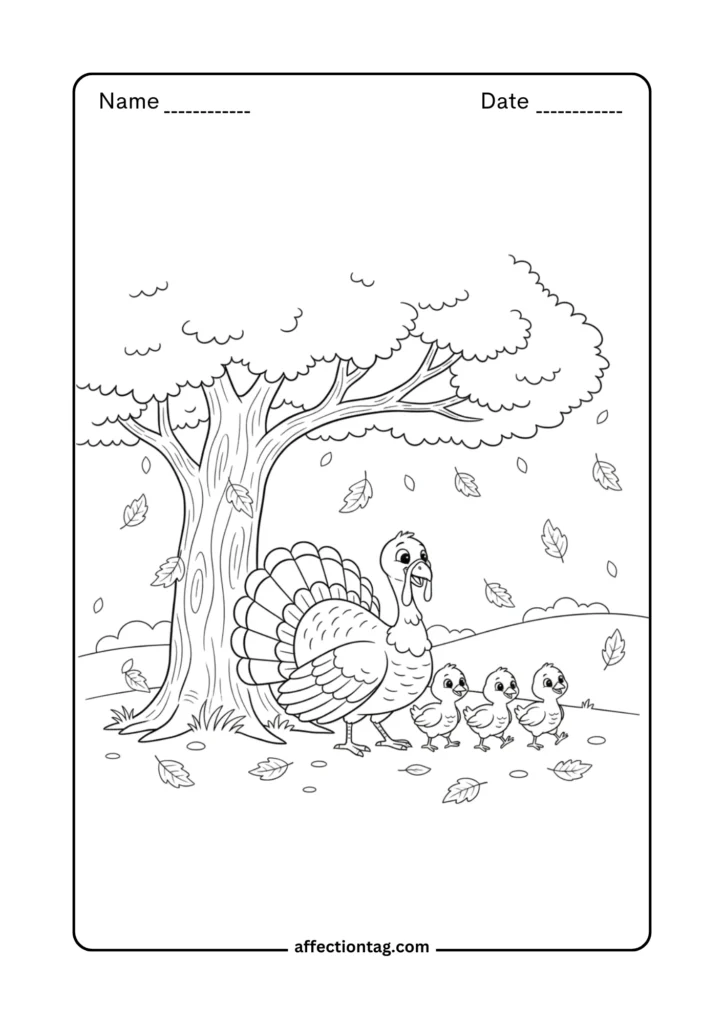 Turkey with chicks walking under a tree with falling leaves – Thanksgiving family coloring page
