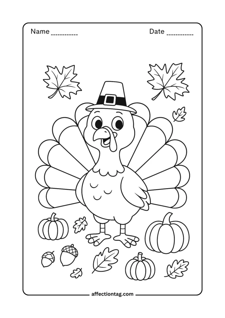Cute turkey wearing a pilgrim hat with pumpkins and leaves – fun Thanksgiving coloring page for children