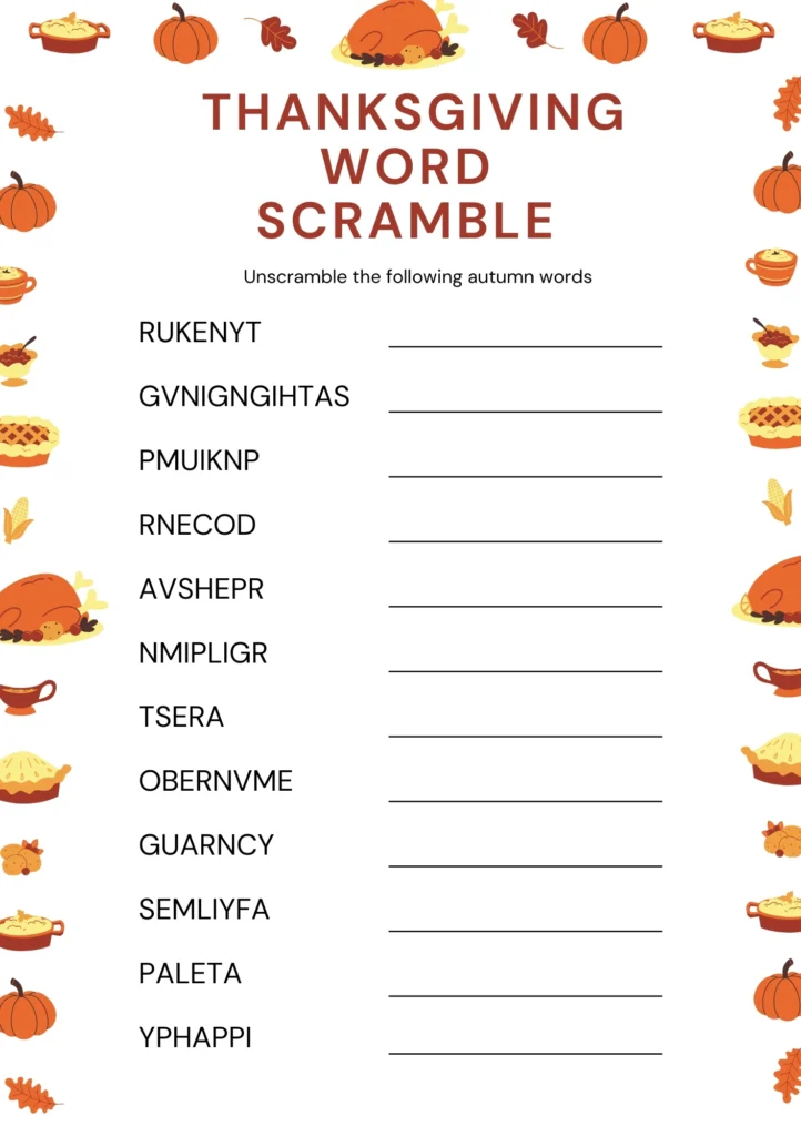 Thanksgiving word scramble worksheet with cute fall icons and answer lines.