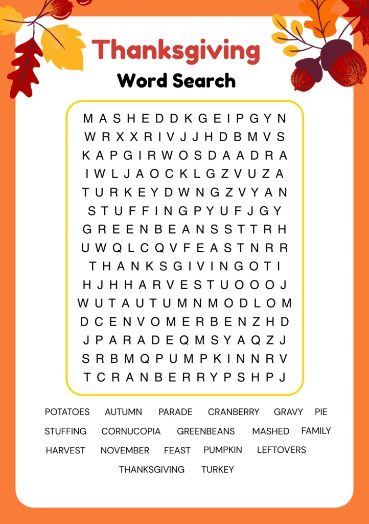 Thanksgiving word search printable with large grid featuring turkey, stuffing, pumpkin, cranberry.