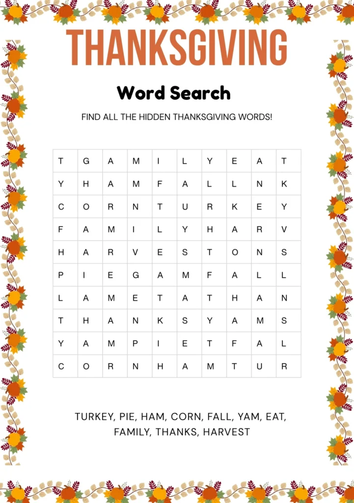 Thanksgiving word search for kids with fall leaf border and simple word list.