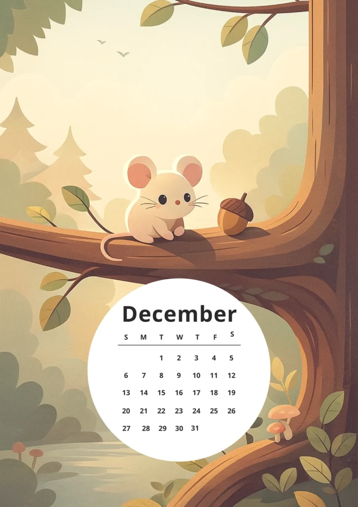 Free Printable 2026 Woodland Animals Calendar for Kids & Nature Lovers 13 tiny mouse december calendar