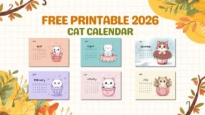 Free Printable 2026 Cat Calendar – Cute Kawaii Cats in Flower Pots 6 Free printable 2026 cute cat calendar with pastel backgrounds, kawaii kitten illustrations in flower pots and seasonal themes for each month, arranged in a soft grid-style layout.