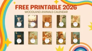 Free Printable 2026 Woodland Animals Calendar for Kids & Nature Lovers 7 Free printable 2026 woodland animals calendar featuring cute forest animals such as deer, squirrel, rabbit, owl, fox, chipmunk, beaver, and fawn illustrations for each month, displayed in a colorful retro-themed layout.